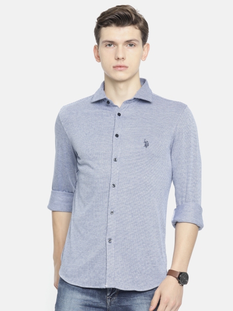 

U.S. Polo Assn. Men Blue & White Slim Fit Knitted Checked Casual Shirt