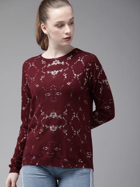 

Roadster Women Maroon Printed Sweater