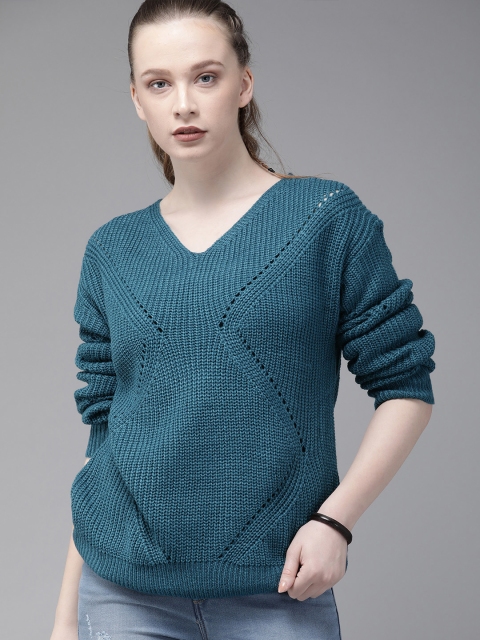 

Roadster Women Teal Blue Self Design Sweater