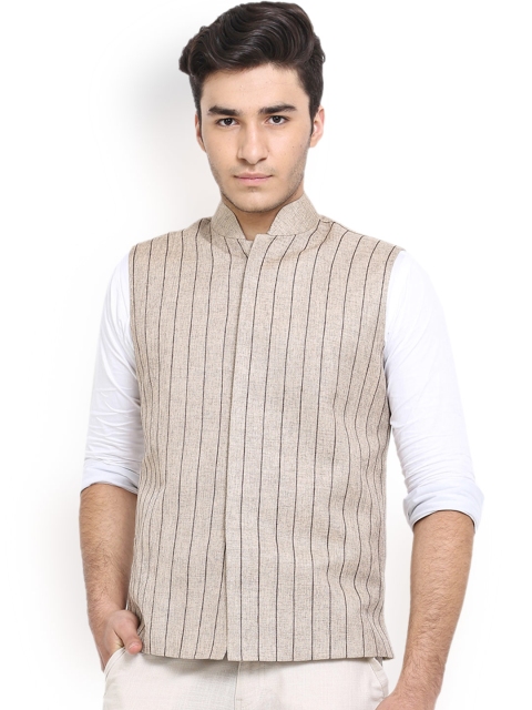 

Shaftesbury London Beige Striped Jute Nehru Jacket