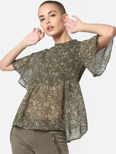 

ONLY Women Olive Green Printed Semi-Sheer Empire Top
