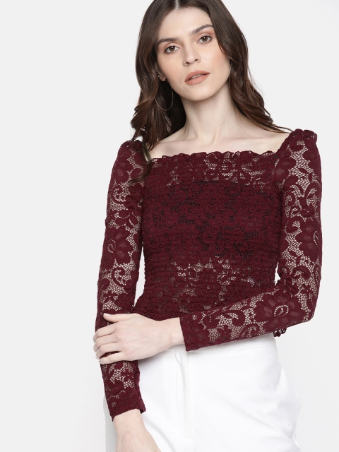 

ONLY Women Burgundy Self Design Top