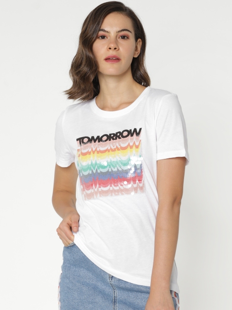 

ONLY Women White Printed Round Neck Pure Cotton T-shirt