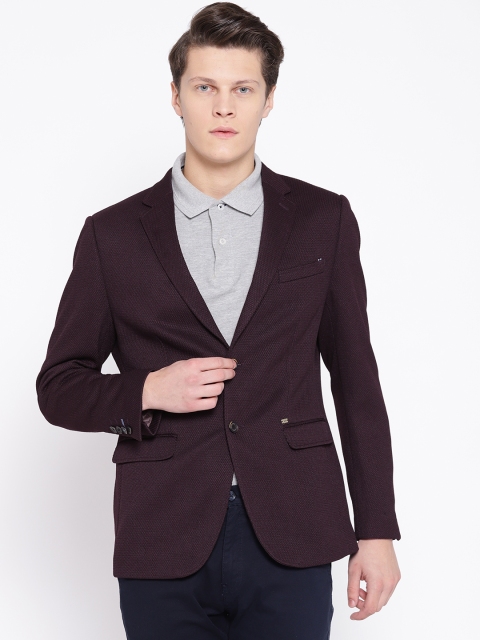 

Blackberrys Men Burgundy Self-Design Slim-Fit Single-Breasted Smart Casual Blazer