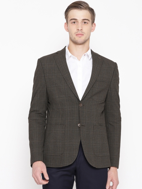

Blackberrys Men Olive Green Checked Slim Fit Single-Breasted Casual Blazer