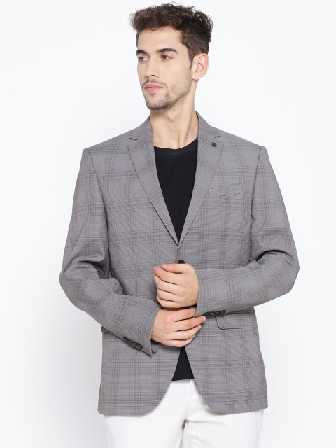 

Blackberrys Men Grey & Black Checked Single-Breasted Slim Fit Smart Casual Blazer