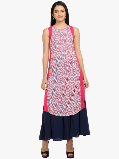 

AURELIA Women Pink & Blue Printed Straight Kurta
