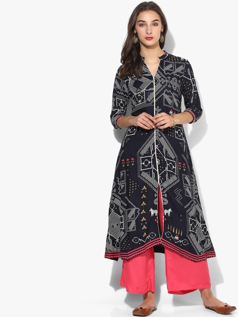 W Women Navy Blue Printed A-Line Kurta