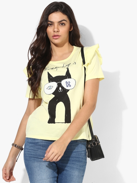 

People Women Yellow Printed Round Neck T-shirt