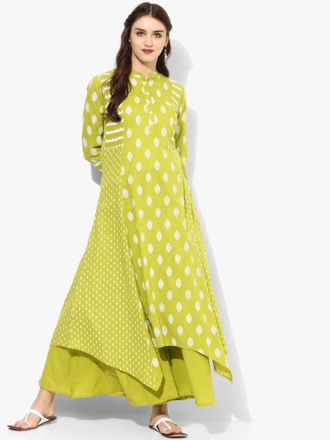 

Printed Mandarin Collar Anarkali With 3/4Th Sleeves Teamed Up With Palazoo, Green