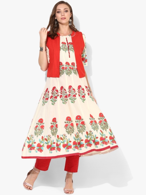 

Sangria Women Cream-Coloured & Red Printed Anarkali Kurta With Jacket