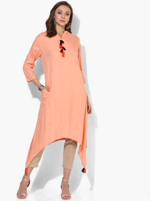 

Solid Mandarin Collar Asymmetric A Line Kurta With 3/4th Sleeves And Tassels Details, Peach
