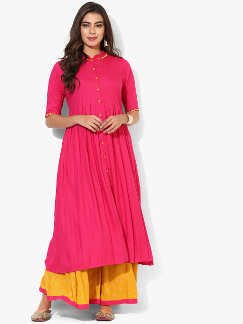 

Round Neck Sleeveless A Line Georgette Kurta With Embroidered Neck Detailed Paired With Solid Palazzo, Fuchsia