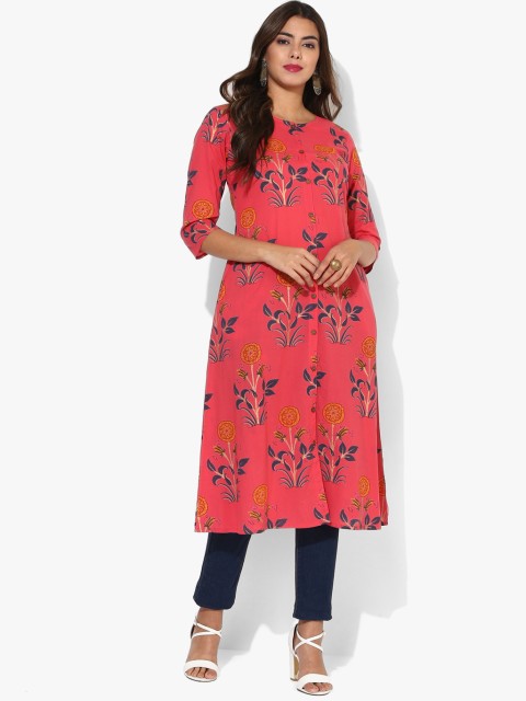 

Sangria Pink Floral Print Round Neck A Line Kurta With 3/4Th Sleeves