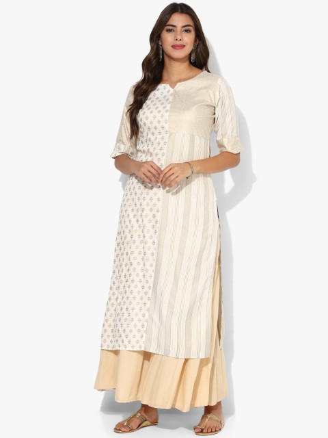 

Printed Round Neck Shaped Hem Kurta With Elbow Sleeves Teamed Up Palazzo, Off white