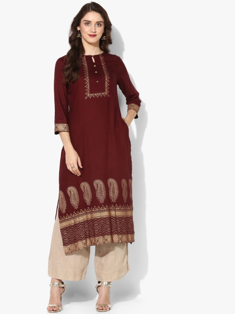 

Gold Printed Round Neck Straight Fit Kurta With 3/4th Sleeves, Maroon