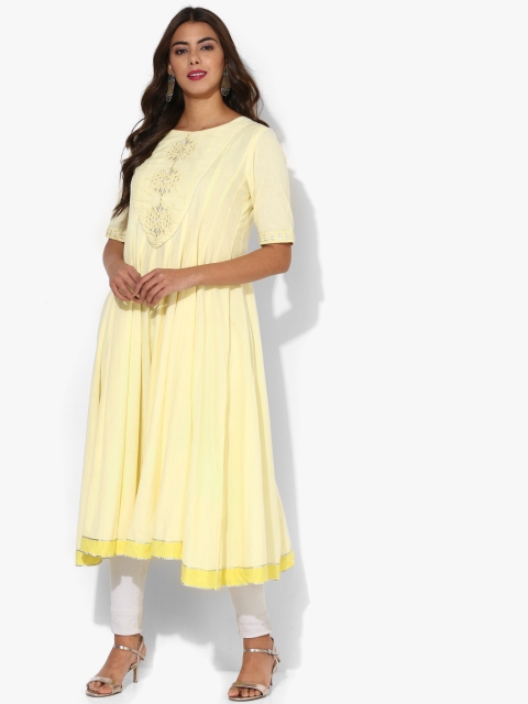 

Mirror Embroidered Anarkali With Round Neck And Elbow Sleeves, Yellow