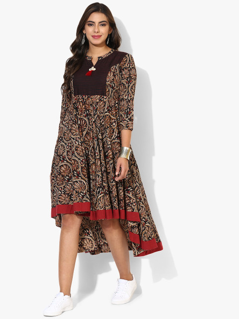 

Kalamkari Mandarin Collar High-Low Anarkali With Embroidery Detail And 3/4th Sleeves, Multi