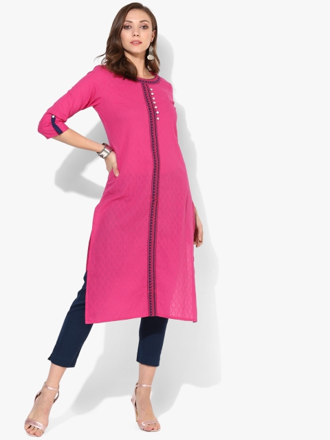 

Round Neck Jacquard Straight Fit Kurta With 3/4th Sleeves, Fuchsia