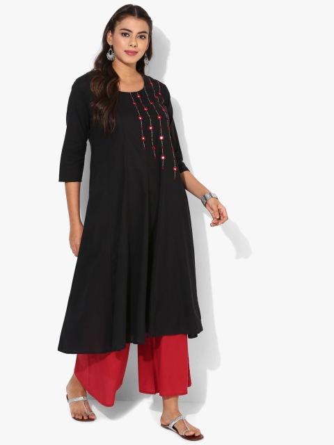 

Mandarin Neck 3/4th Sleeves Staright Kurta With Embroidery Highlight And Palazzo, Black