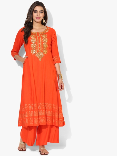 

Round Neck 3/4th Sleeves Gold Embroidered Flared Kurta With Palazzo, Orange