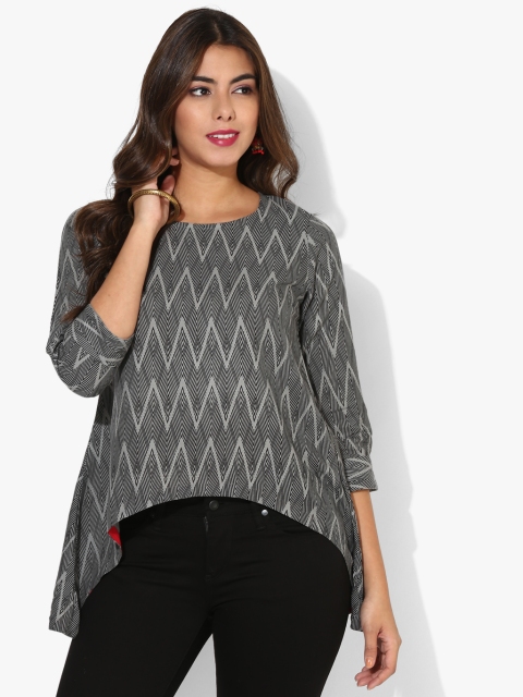 

Black Round Neck Rolled Up Sleeve Geometric Printed Top, Olive