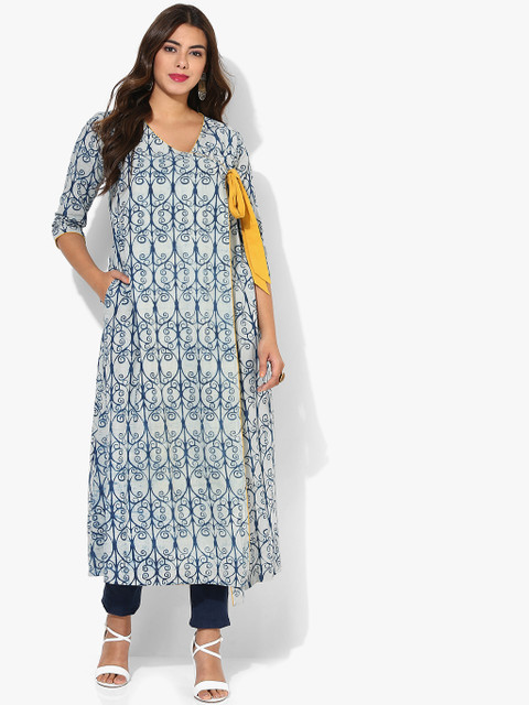 

Indigo V Neck Updated Angrakha Flared Kurta With Tie-Ups Pocket And 3/4Th Sleeves, Blue