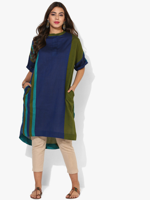 

Round Neck Elbow Sleeves Tunic With Color Block Detail, Navy blue