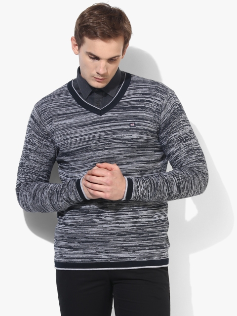 

Grey Striped Slim Fit V Neck Sweater