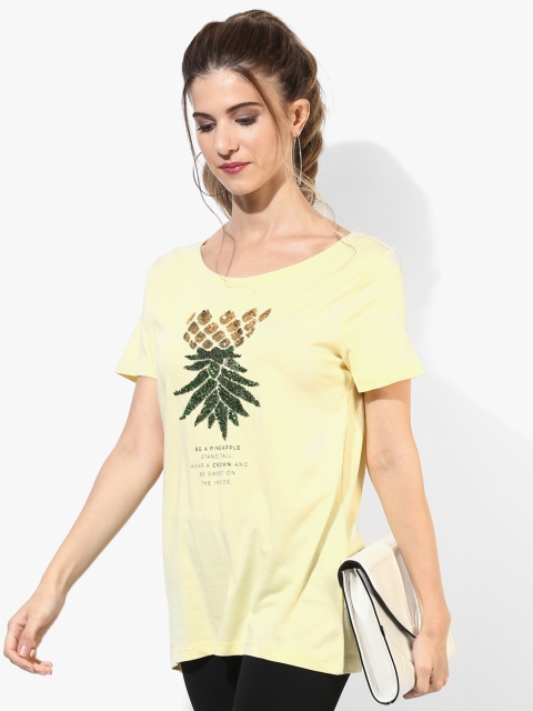 

ONLY Women Yellow Printed Embellished Round Neck Pure Cotton T-shirt