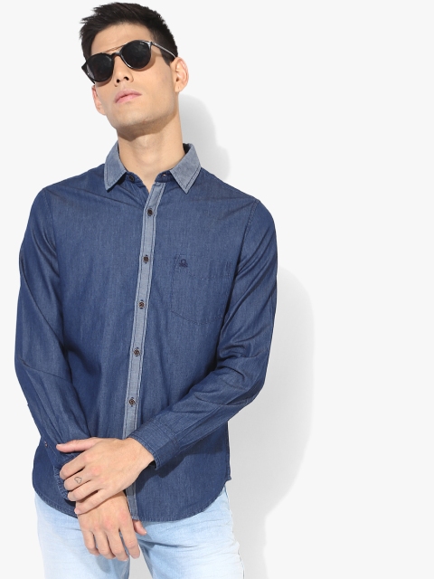 

Navy Blue Solid Slim Fit Denim Shirt