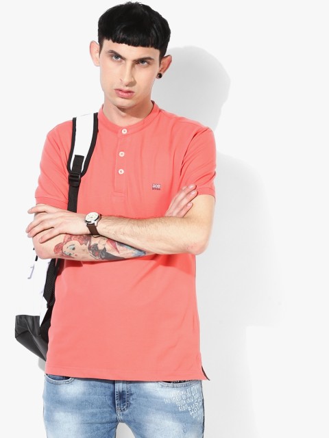 

Peach Solid Slim Fit Mandarin T-Shirt
