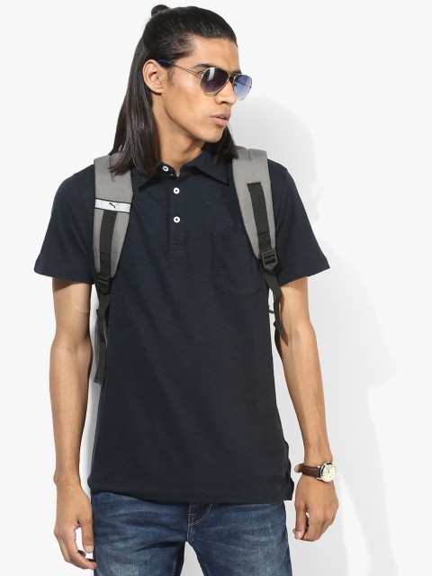 

GAS Men Navy Blue Textured Slim Fit Polo T-Shirt