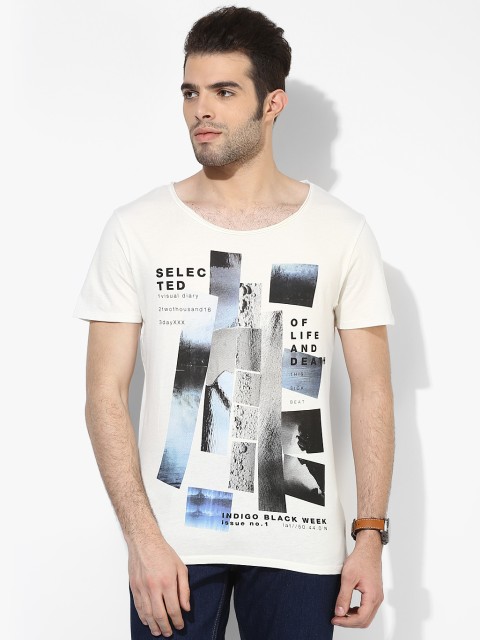 

Off White Printed Regular Round Neck T-Shirt