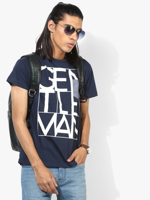 

Navy Blue Printed Slim Fit Round Neck T-Shirt