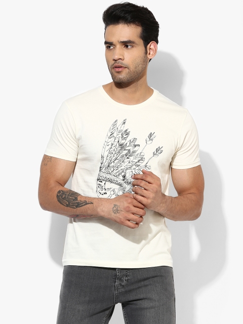 

Cream Printed Regular Fit Round Neck T-Shirt