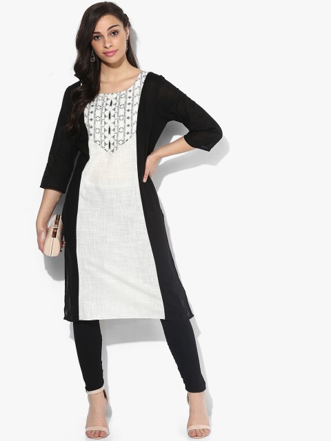 

RANGMANCH BY PANTALOONS Women White & Black Yoke Design Straight Kurta