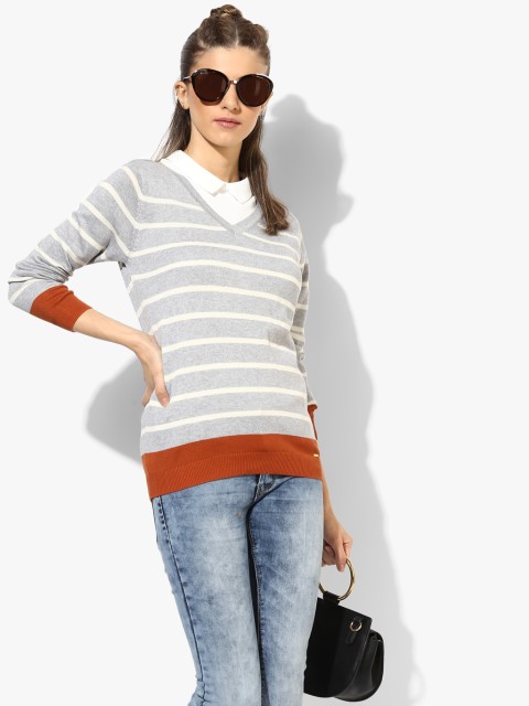 

Allen Solly Grey Striped Sweater, Grey melange
