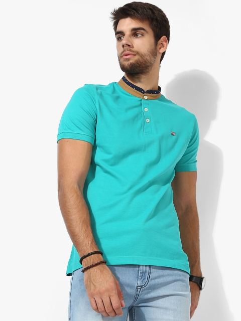 

Aqua Blue Solid Slim Fit Mandarin T-Shirt