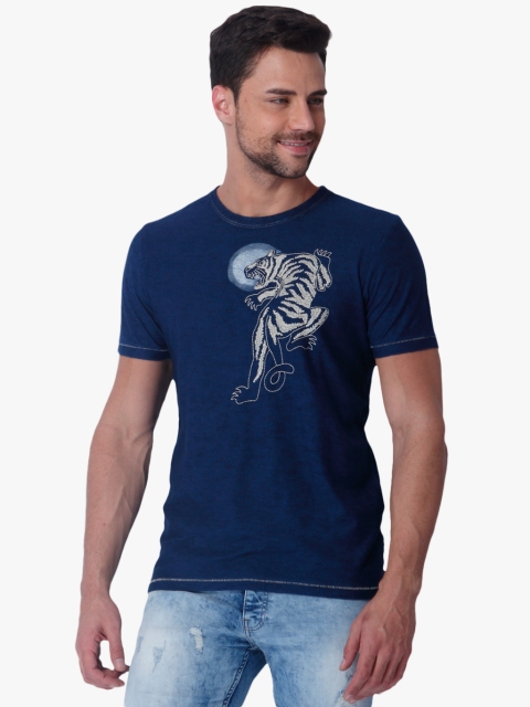 

Blue Embroidered Slim Fit Round Neck T-Shirt