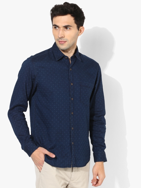

Navy Blue Textured Slim Fit Denim Shirt
