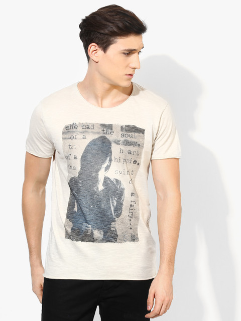 

Beige Printed Slim Fit Round Neck T-Shirt