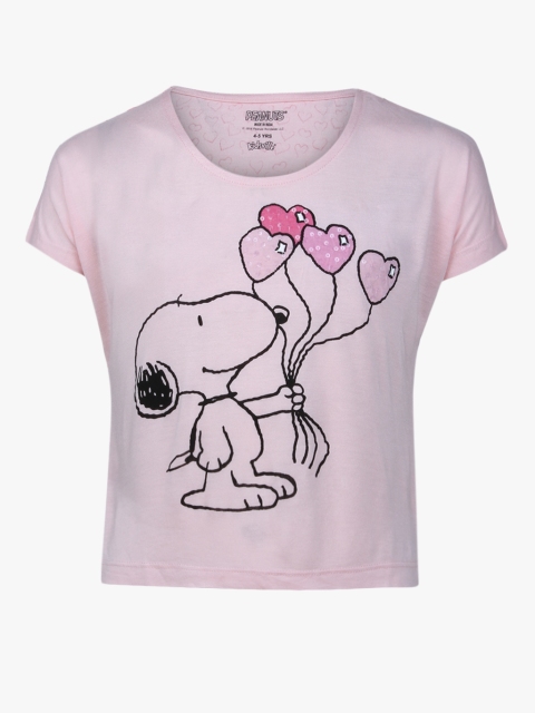 

Kids Ville Girls Pink Peanuts Printed Round Neck T-shirt
