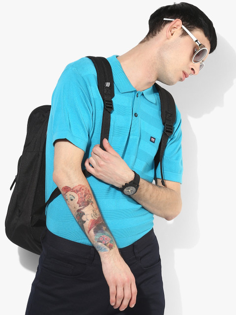 

Aqua Blue Striped Slim Fit Polo T-Shirt