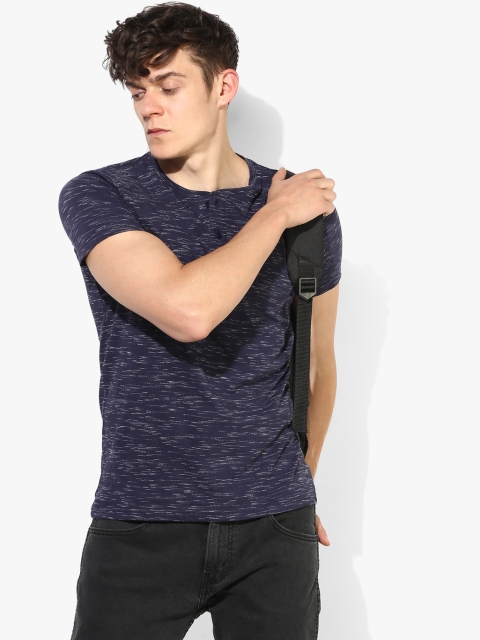

Navy Blue Textured Slim Fit Henley T-Shirt