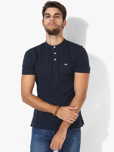 

Navy Blue Solid Slim Fit Mandarin T-Shirt