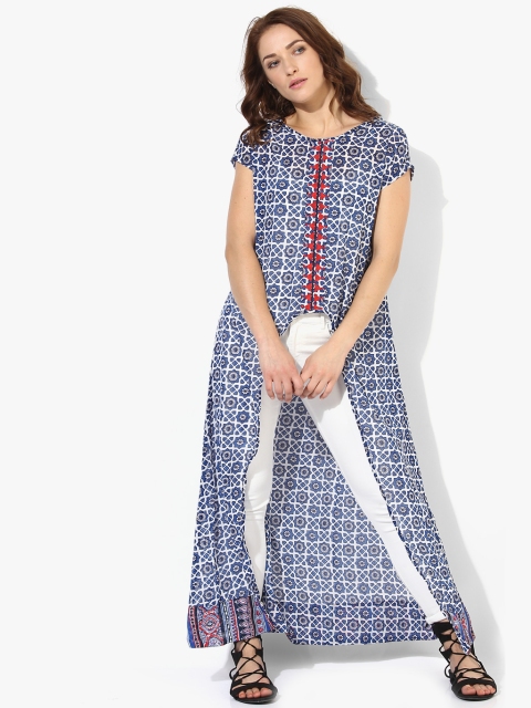 

AKKRITI BY PANTALOONS Women Navy Blue & White Printed High-Low Tunic