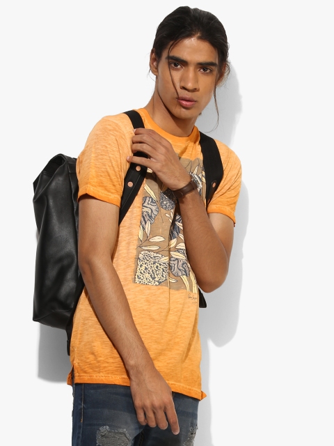 Orange Printed Slim Fit Round Neck T-Shirt