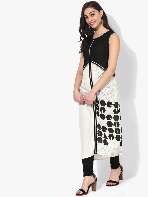 

W Women White & Black Solid Straight Kurta