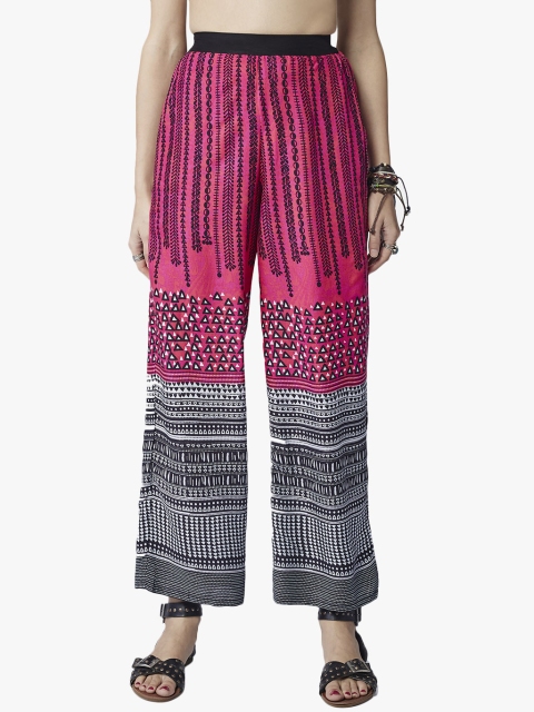 

Global Desi Pink & Black Printed Straight Palazzo